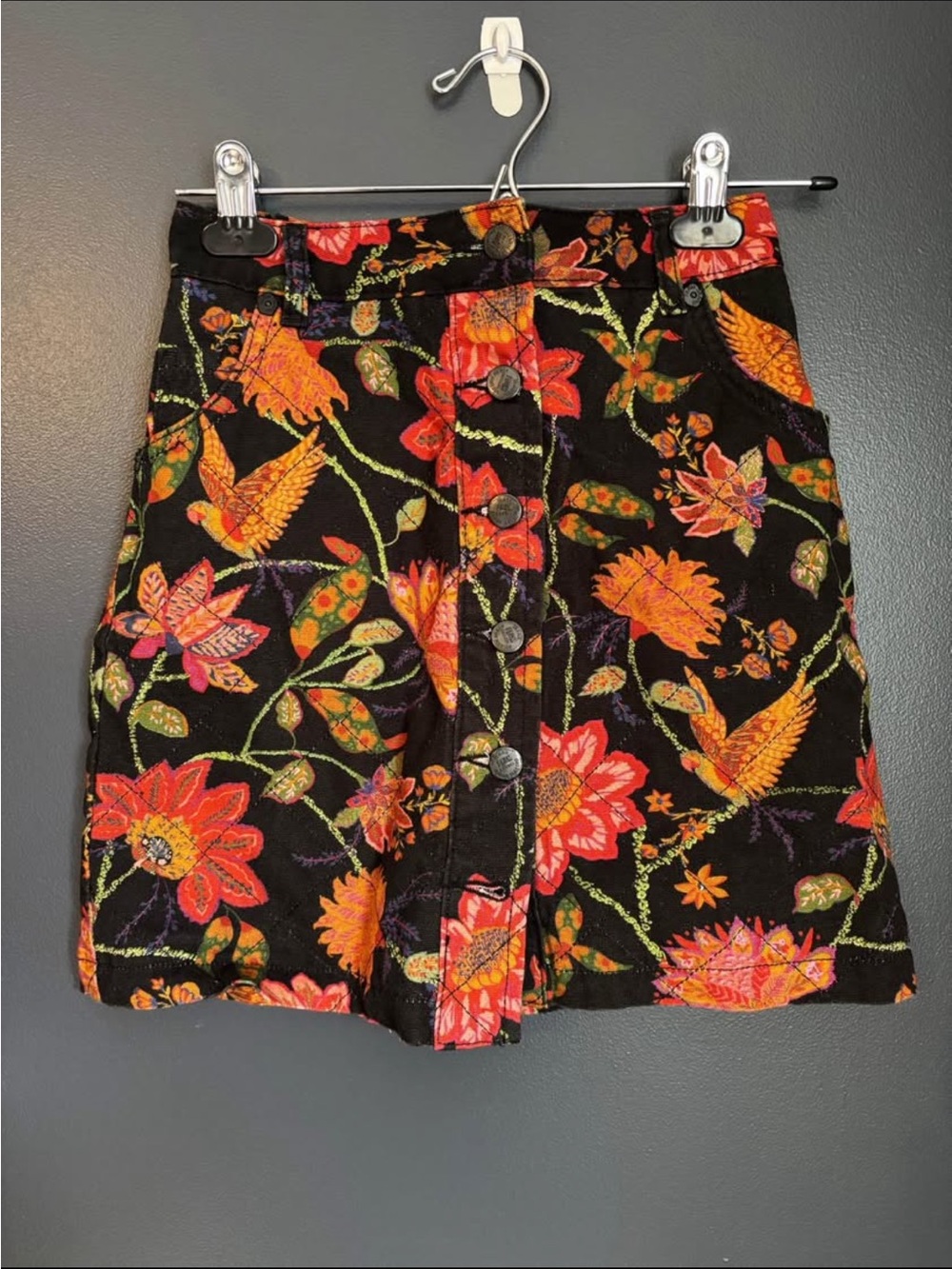 FARM Rio Black Floral Mini Skirt with Orange and Pink Accents